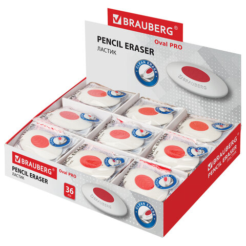 Ластик BRAUBERG "Oval PRO", 40х26х8 мм, овальный, красный пластиковый держатель, 229560