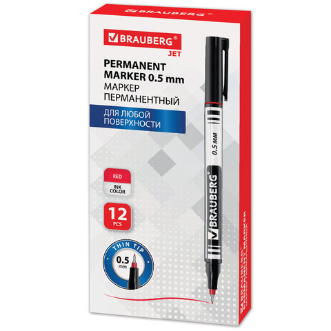 Маркер перманентный BRAUBERG "Jet", КРАСНЫЙ, супертонкий металлический наконечник 0,5 мм, 150509