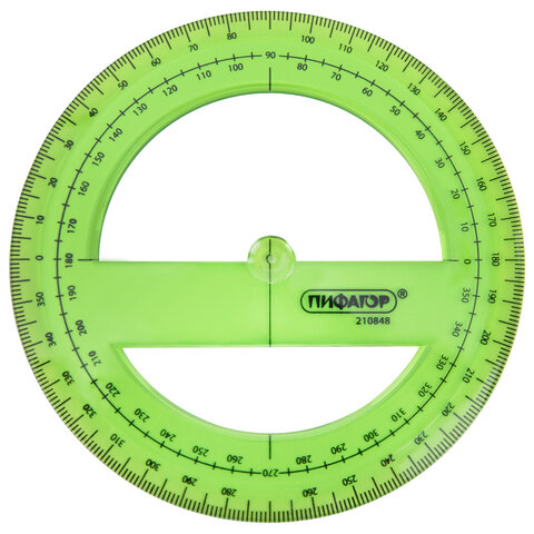 Транспортир пластиковый 10 см, 360 градусов, ПИФАГОР, прозрачный, неоновый, ассорти, 210848