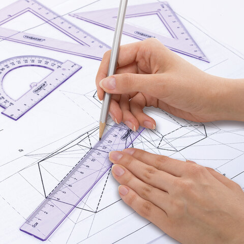 Набор чертежный ПИФАГОР (линейка 16 см, 2 треугольника, транспортир), прозрачный, пастельные цвета, ассорти, 210855