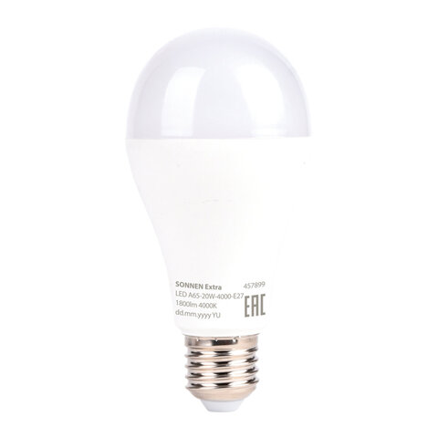 Лампа светодиодная SONNEN EXTRA, 20 (150) Вт, Е27, груша, нейтральный белый, 30000 ч, LED A65-20W-4000-Е27, 457899