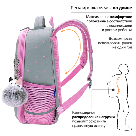 Ранец BRAUBERG LIGHT, 1 отделение, с брелоком, "Cat patches", плюшевые нашивки, 36х26х13 см, 272030