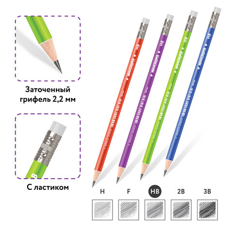 Карандаш чернографитный ЮНЛАНДИЯ "МЕТАЛЛИК", 1 шт., HB, с ластиком, корпус ассорти, 181764