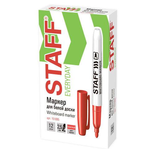 Маркер стираемый для белой доски STAFF "EVERYDAY" WBM-093, КРАСНЫЙ, 2,5 мм, тонкий корпус, 151095