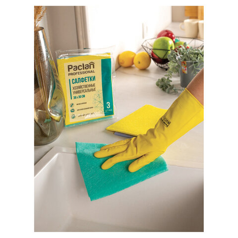 Салфетки универсальные, 30х38 см, КОМПЛЕКТ 3 шт., 90 г/м2, вискоза, PACLAN Professional