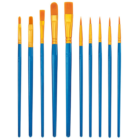 Кисти набор 10 шт., синтетика, синие, № 2/0-8 (Круглые; Овальные; Плоские; Лайнеры), WBZ (ВБЗ), 201085