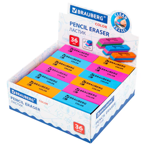 Ластик BRAUBERG "Color", 55х15х13 мм, прямоугольный, скошенный, яркие цвета ассорти, 272671