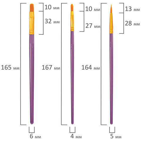 Кисти набор 10 шт., синтетика, фиолетовые, № 2/0-8 (Круглые; Овальные; Плоские; Лайнеры), WBZ (ВБЗ), 201086