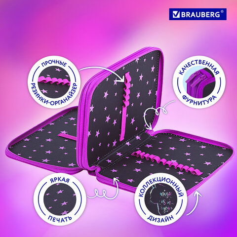 Пенал BRAUBERG, 2 отделения, полиэстер, 21х14 см, "Magic Cat", 271542
