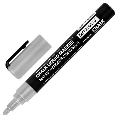 Маркер меловой CHALK LIQUID MARKER, СЕРЕБРИСТЫЙ, 3 мм, стираемый, BRAUBERG "CHALK", 152593