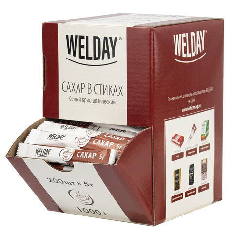 Сахар порционный OFFICE-BOX WELDAY (ВЭЛДЭЙ) в стиках по 5 г, 200 штук, 1 кг, 624095