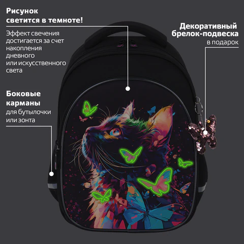 Рюкзак BRAUBERG OPTIMA, 2 отделения, с брелоком, "Butterfly catcher", СВЕТЯЩИЙСЯ, 36х27х18 см, 272097