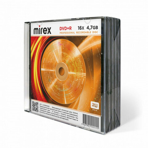 Диски DVD+R (плюс) MIREX, 4,7 ГБ, 16x, Slim Case, КОМПЛЕКТ 5 шт., UL130013A1F