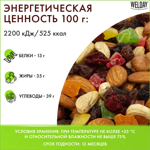 Ореховая смесь сушеная WELDAY (ВЭЛДЭЙ), фундук, миндаль, кешью, цукаты, изюм, клюква 1 кг, 622478