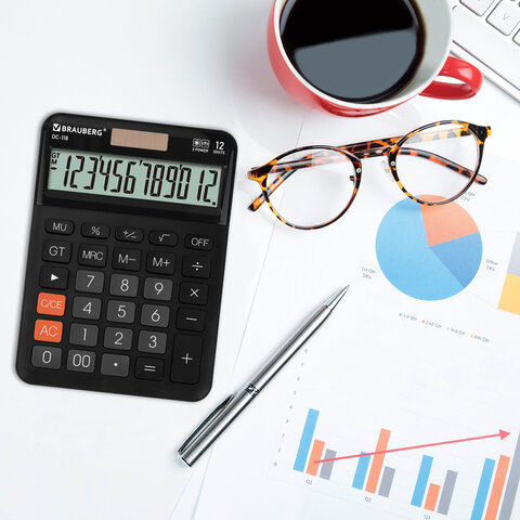 Калькулятор настольный BRAUBERG DC-118-BK (175х126 мм), 12 разрядов, двойное питание, черный, 272962