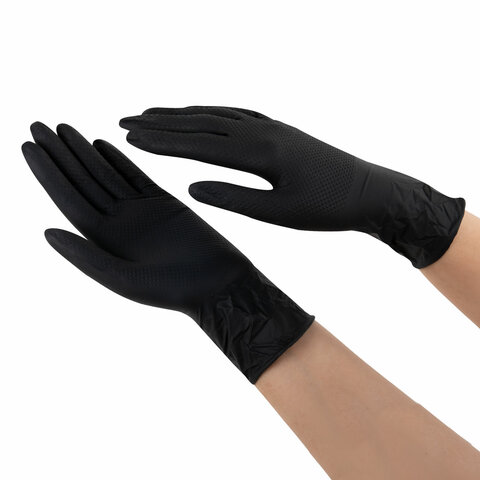 Перчатки нитриловые сверхпрочные с текстурой SFM MEGA TEX BLACK, Германия, 25 пар (50 штук), размер 6-7, S (малый)