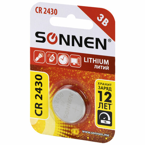 Батарейка литиевая SONNEN Lithium CR2430 "таблетка, дисковая, кнопочная" 1 шт., блистер, 455600