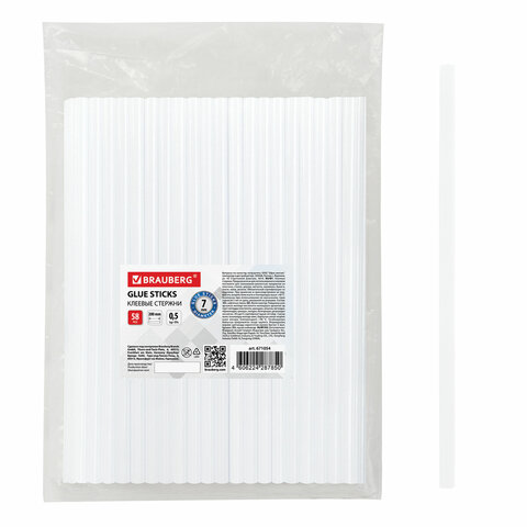 Клеевые стержни, диаметр 7 мм, длина 200 мм, прозрачные, 0,5 кг (58 шт.) BRAUBERG, 671054