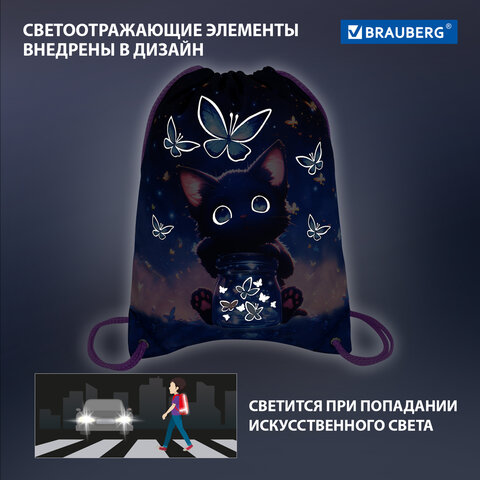 Мешок для обуви BRAUBERG PREMIUM, карман, подкладка, светоотражайка, 43х33 см, "Night catcher", 273442