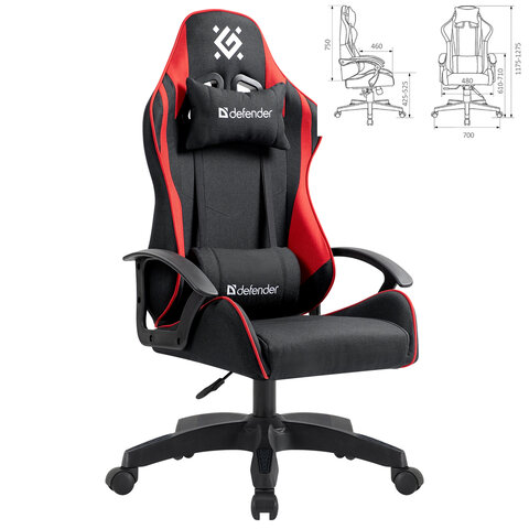 Кресло компьютерное DEFENDER "Kraken", 2 подушки, ткань, черное/красное, 64677