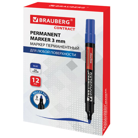 Маркер перманентный BRAUBERG "Contract", СИНИЙ, круглый наконечник, 3 мм, 150466