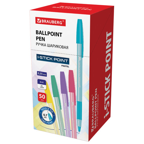 Ручка шариковая с грипом BRAUBERG "i-STICK POINT PASTEL", СИНЯЯ, корпус ассорти, игольчатый узел 0,7 мм, линия письма 0,35 мм, 144023