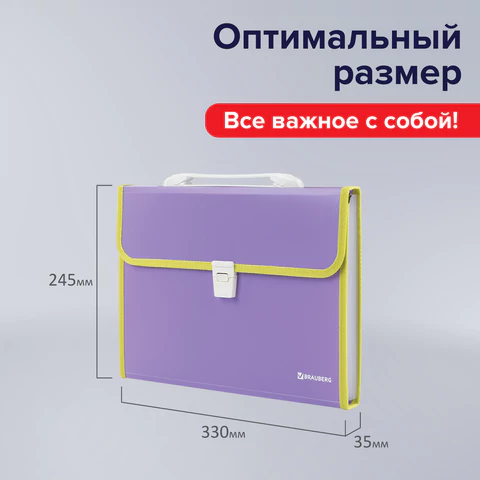 Папка-портфель пластиковая BRAUBERG "JOY", А4 (330х245х35 мм), 13 отделений, с окантовкой, фиолетовая, 227977
