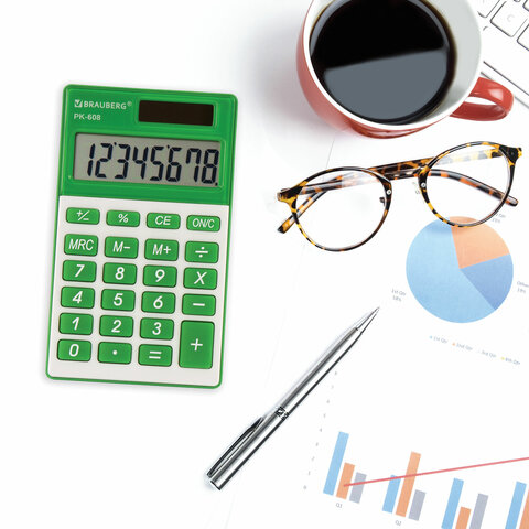 Калькулятор карманный BRAUBERG PK-608-GN (107x64 мм), 8 разрядов, двойное питание, ЗЕЛЕНЫЙ, 250520