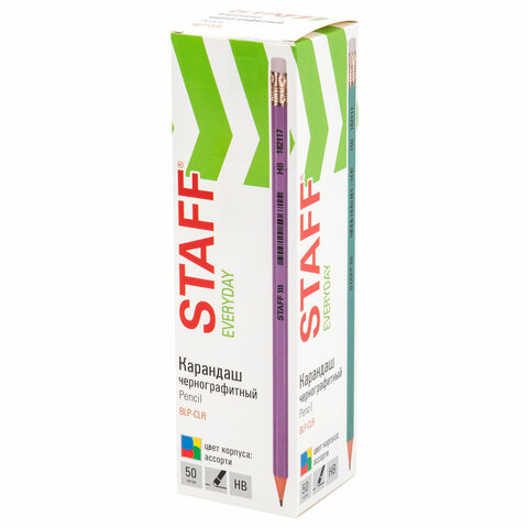 Карандаш чернографитный с ластиком STAFF EVERYDAY BLP-CLR, 1 шт., НВ, цвет корпуса ассорти, 182117