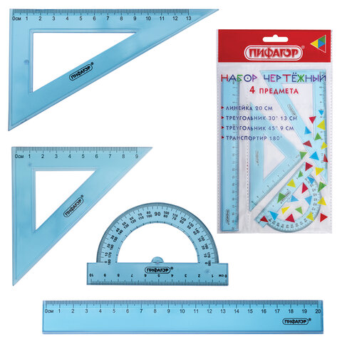 Набор чертежный ПИФАГОР (линейка 20 см, 2 треугольника, транспортир), тонированный, европодвес, 210854