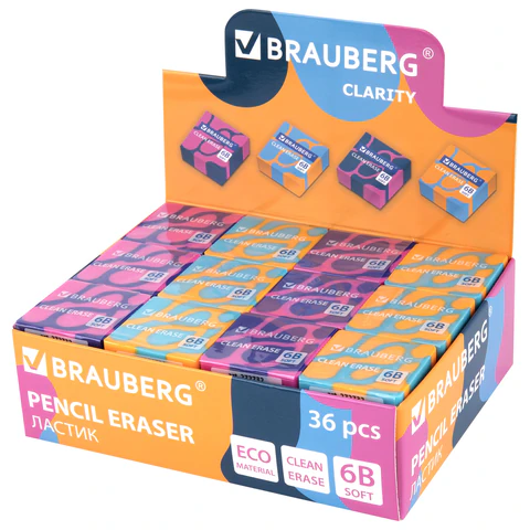 Ластик BRAUBERG "CLARITY", 34х34х14 мм, квадратный, экологичный ПВХ, ассорти, 272732