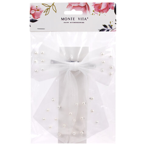 Заколка для волос 16х14 см, баретте с бантом и бусинами, белый, MONTE VITA (МОНТЕ ВИТА), 457120