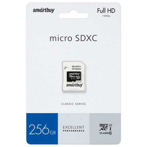 Карта памяти microSDXC 256 GB SMARTBUY, UHS-I, 90 Мб/сек (class 10), с адаптером, SB256GBSDCL10-01