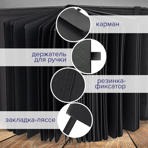 Скетчбук, черная бумага 140 г/м2, 90х140 мм, 80 л., КОЖЗАМ, резинка, карман, BRAUBERG ART CLASSIC, черный, 113201