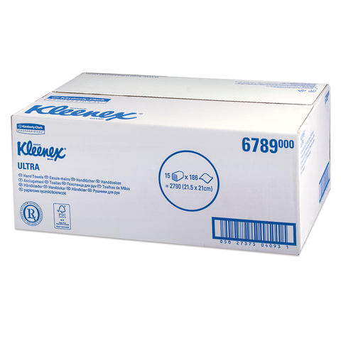 Полотенца бумажные 186 шт., KIMBERLY-CLARK Kleenex, КОМПЛЕКТ 15 шт., Ultra, 2-х слойные, белые, 21х21,5 см, Interfold, 6789