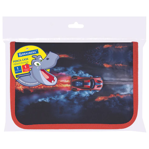 Пенал BRAUBERG с наполнением, 1 отделение, 1 откидная планка, 24 предмета, 21х14 см, "Foggy car", 273533