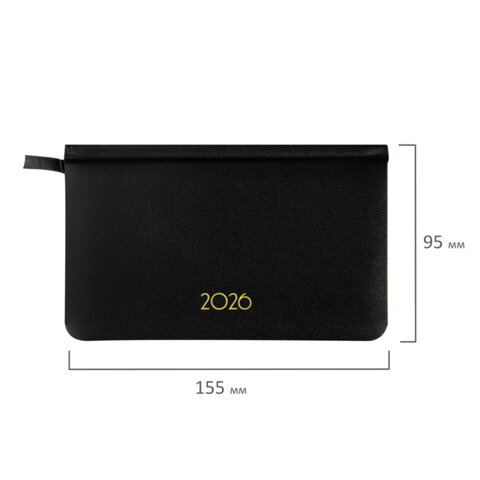 Еженедельник датированный 2026, МАЛЫЙ ФОРМАТ 95х155 мм, А6, BRAUBERG "Select", балакрон, черный, 117193