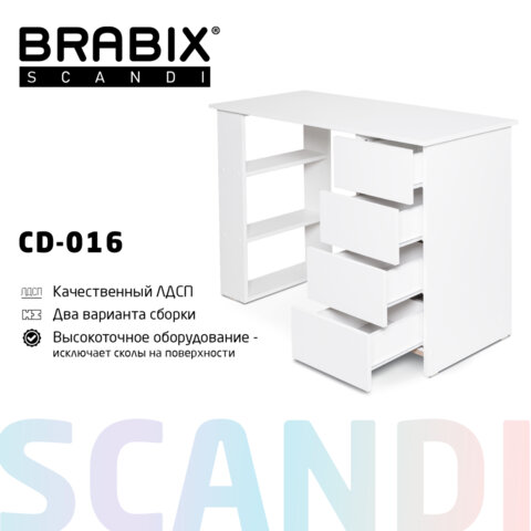 Стол письменный/компьютерный BRABIX "Scandi CD-016", 1100х500х750 мм, 4 ящика, белый, 641891, ЦБ013707-1