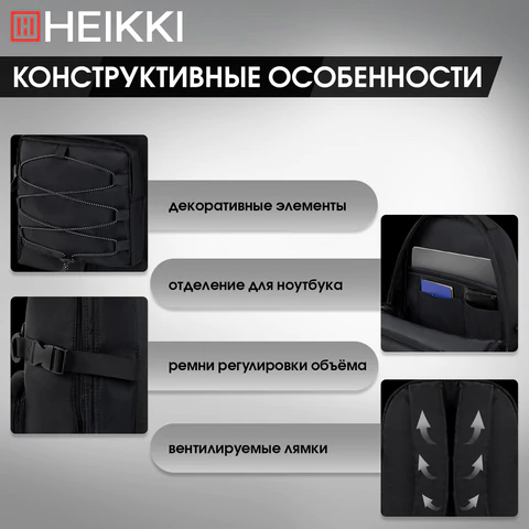 Рюкзак HEIKKI CHALLENGE (ХЕЙКИ) универсальный, карман для ноутбука, "Flex", черный, 45х32х17 см, 272579