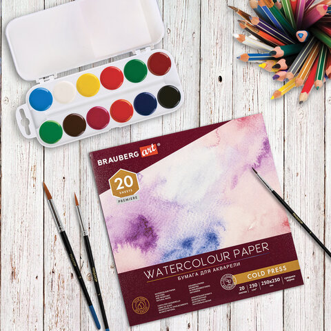 Альбом для акварели, бумага 230 г/м2, 250х250 мм, среднее зерно, 20 листов, склейка, BRAUBERG ART PREMIERE, 113216