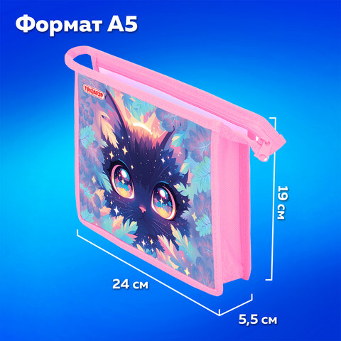 Папка для тетрадей ПИФАГОР А5, 1 отделение, пластик, на молнии, "Magic kitty", 273327