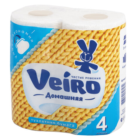 Бумага туалетная бытовая, спайка 4 шт., 2-х слойная (4х15 м), VEIRO "Домашняя", белая, 1с24
