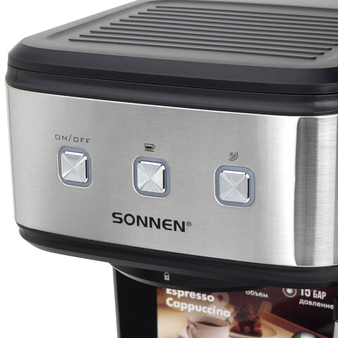Кофеварка рожковая ручной капучинатор SONNEN CM8501, 1100 Вт, 1,5 л, 15 бар, черная/серебро, 456335