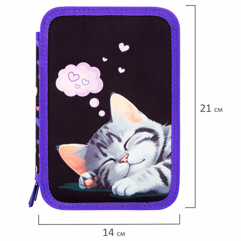 Пенал BRAUBERG, 3 отделения, полиэстер, 21х14 см, "Sleeping kitten", 273538