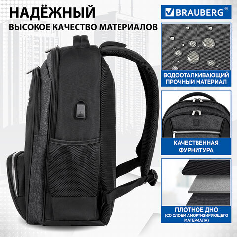 Рюкзак BRAUBERG FUNCTIONAL с отделением для ноутбука, 2 отделения, USB-порт, "Secure", 46х30х18 см, 270751
