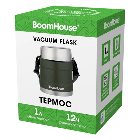 Термос 1 л для еды/напитков с широким горлом, BOOMHOUSE (БУМХАУС) RIBBED, контейнер, нержавеющая сталь SUS304, 700322