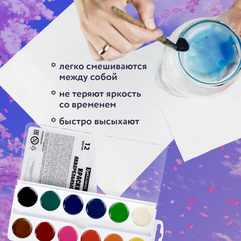 Краски акварельные BRAUBERG 12 цветов "Аниме", медовые, круглые кюветы, 192552