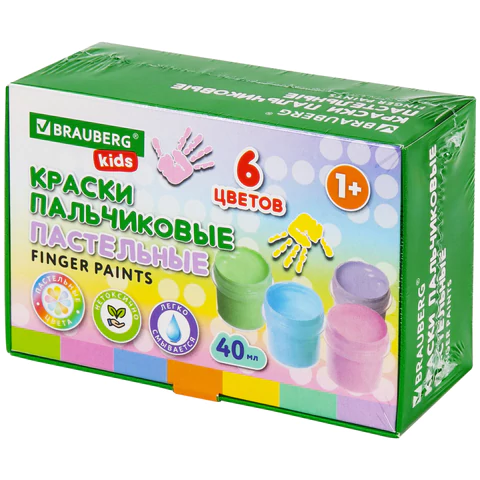 Краски пальчиковые пастельные для малышей от 1 года, 6 цветов по 40 мл, BRAUBERG KIDS, 192398