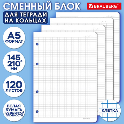 Сменный блок для тетради на кольцах А5 120 л., BRAUBERG, ПОВЫШЕННОЙ ПЛОТНОСТИ, белый, 403638