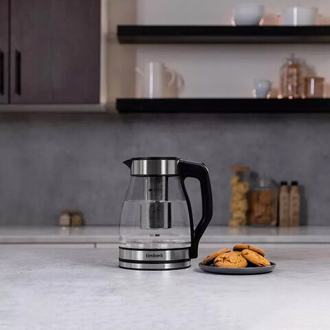 Чайник со съемным заварником TIMBERK T-EK27G02, 1,5 л, 1800 Вт, закрытый нагревательный элемент, стекло, стальной